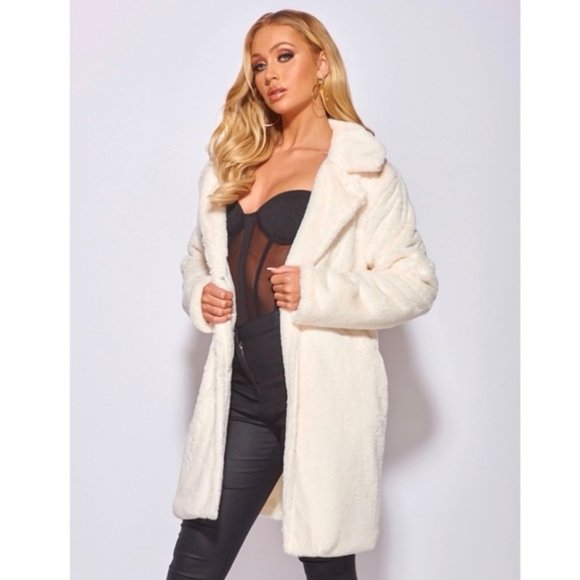 White Faux Fur Long Sleeve Collared Loose Fit Midi Coat - Picture 3 of 14